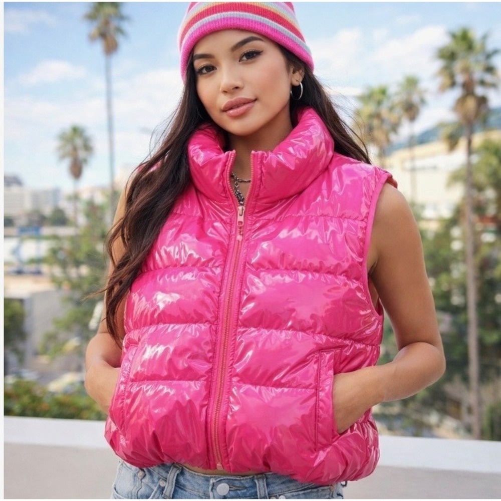 Glossy Pink Puffer Vest Womens Size S Quilted Shiny‎ Zip Up Bratz Y2k Gorpcore - Picture 3 of 10